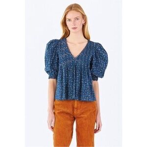 Hunter Bell NYC Mia Puff-Sleeve Lace-Trim Printed Top Medium